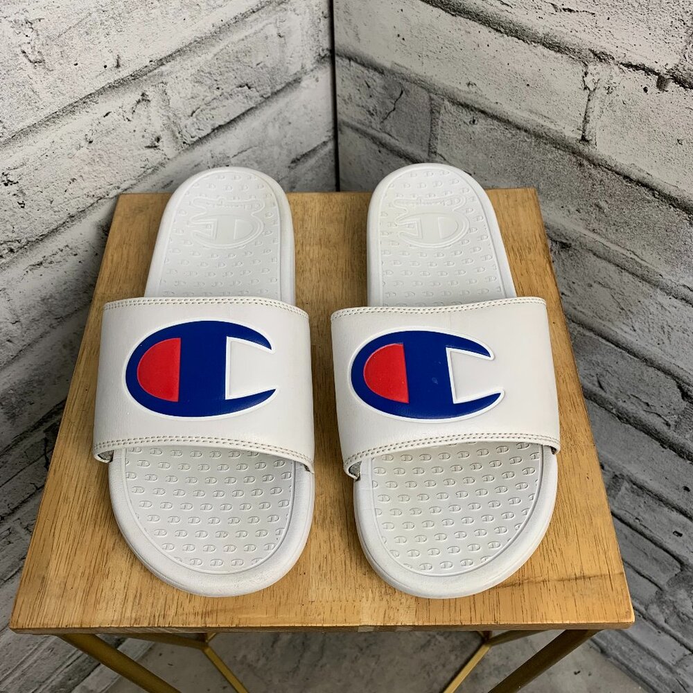 Champion Super Slide Sandals Mens 9 M Logo White Beach Casual Summer Vacation